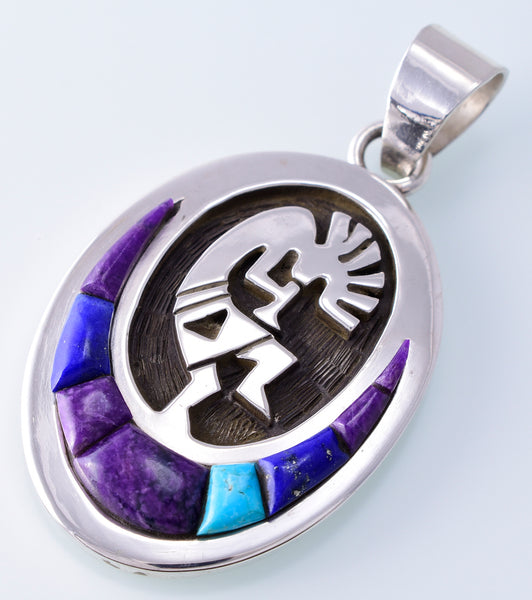 Silver & Turquoise Multistone Navajo Inlay Kokopelli Pendant by Erick Begay 3H20L