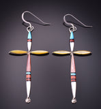 Silver & Turquoise Multistone Zuni Inlay Cross Earrings by Lynette Bowannie 3G05X