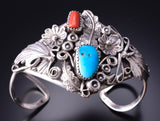 Silver & Turquoise & Coral Navajo Bracelet by Harry Yazzie 3F05B