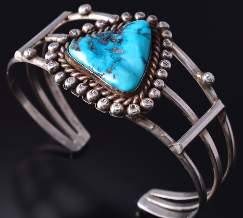 Vintage Silver & Turquoise Navajo Open Faced Bracelet 5G28X