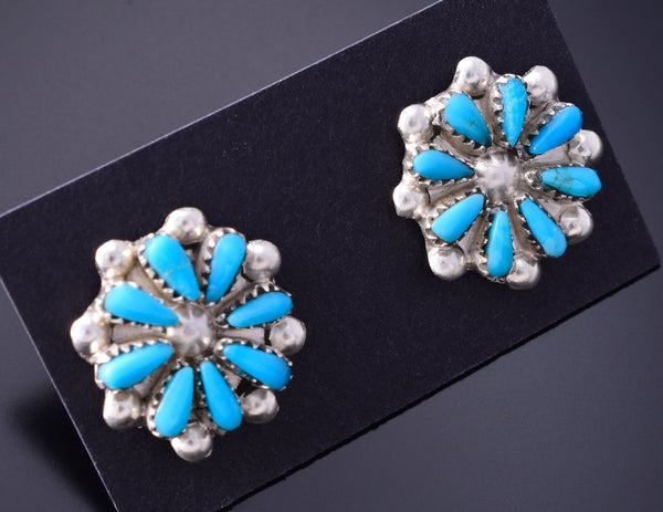 Silver & Turquoise Zuni Handmade Flower Earrings by David Leekity 3H02O