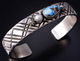 Silver & Golden Hills Turquoise Fresh Pearl Navajo Bracelet by Erick Begay 5H01Q