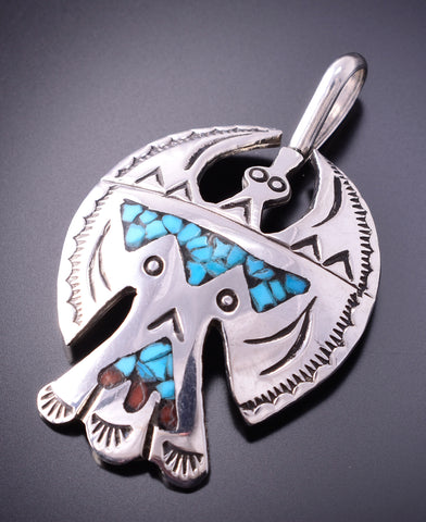 Silver & Turquoise w/ Coral Navajo Chip Inlay Eagle Pendant by Frances Begay 4A29W