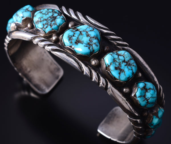 Vintage Silver & Turquoise Navajo Row Bracelet by Paul J 5H25Z