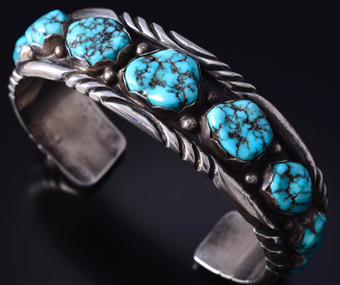 Vintage Silver & Turquoise Navajo Row Bracelet by Paul J 5H25Z