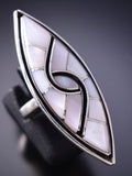 Size 5-1/4 Silver & Mother of Pearl Zuni Inlay Long Ring 6F09Y