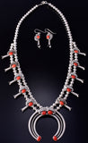 Silver & Coral Navajo Handmade Squash Blossom Necklace & Earring Set - TS 5G28P