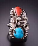 Size 6-3/4 Silver & Turquoise & Coral Feather & Flower Navajo Ring by Max Calabaza 3F22S