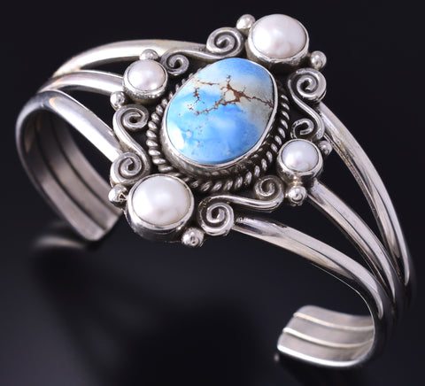 Silver & Golden Hills Turquoise Fresh Pearl Navajo Bracelet by Erick Begay 5F30S