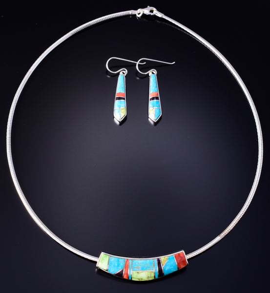Silver Multistone Navajo Inlay Omega Necklace & Earring Set by Rick Tolino 5L17P