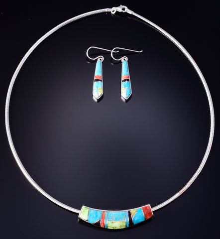Silver Multistone Navajo Inlay Omega Necklace & Earring Set by Rick Tolino 5L17P