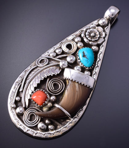 Silver & Turquoise Bearclaw Navajo Pendant 4K10G