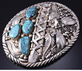 Heavy Vintage Silver & Turquoise Navajo Feathers Mountains Buckle by Fred Guerro 6A21Y