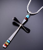 Silver & Turquoise Multistone Zuni Inlay Cross Pendant By Sylvester Noche - 6J31X