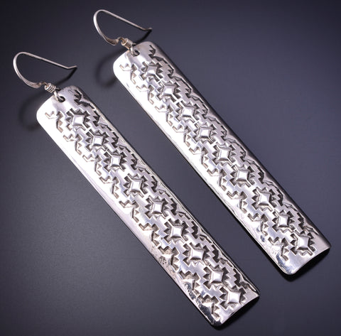 Silver Navajo Handstamped Long Earrings 4K07D