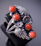 Size 9 Four Coral Silver Feather Ring - Traditional Navajo 6J30K