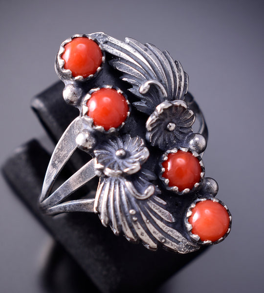 Size 7 - Four Coral Silver Feather Ring - Traditional Navajo 6J30J