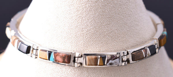 Silver & Tiger Eye Multistone Navajo Inlay Link Bracelet by Bessie Johnson 6H25D