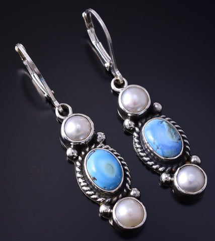 Silver & Golden Hills Turquoise Fresh Pearl Navajo Earrings by Erick Begay 5H02J