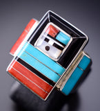 Size 9 Silver & Turquoise Multistone Zuni Inlay Sunface Ring by Don Dewa 6H25X