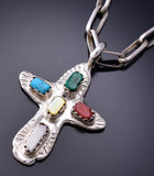 Silver & Turquoise Multistone Zuni Handmade Cross Pendant by Cecelia Iule 6G29F