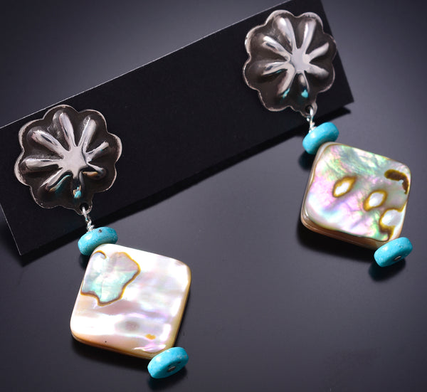 Silver & Abalone w/ Turquoise Navajo Concho Dangle Earrings by Ravis Henry 6D20F