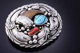 Vintage Silver & Turquoise & Coral w/ Faux Bear Claw Navajo Buckle 3J30Q