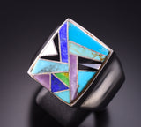 Size 13-3/4 Silver & Turquoise Multistone Navajo Inlay Mens Ring by Evangeline Davis 3F22W