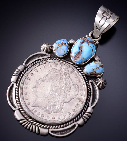 Silver & Golden Hills Turquoise Morgan Silver Dollar Pendant - Erick Begay 6F27T