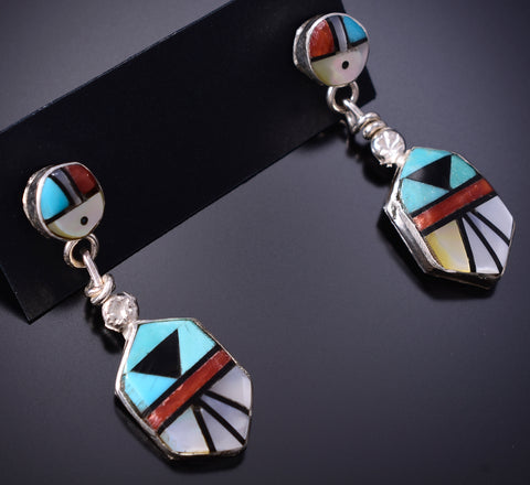 Silver & Turquoise Multistone Zuni Inlay Sunface Earrings by Ola Eriacho 6D09J