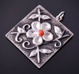 Silver & Coral Navajo Tufacast Flowers Pendant by Rebecca T. Begay 4F25R