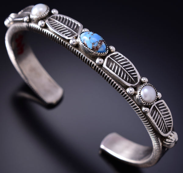 Silver & Golden Hills Turquoise Fresh Pearl Navajo Bracelet by Erick Begay 6F27V