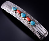 Silver & Turquoise w/ Coral Navajo Handmade Barrette by Joann Silver 6B14S