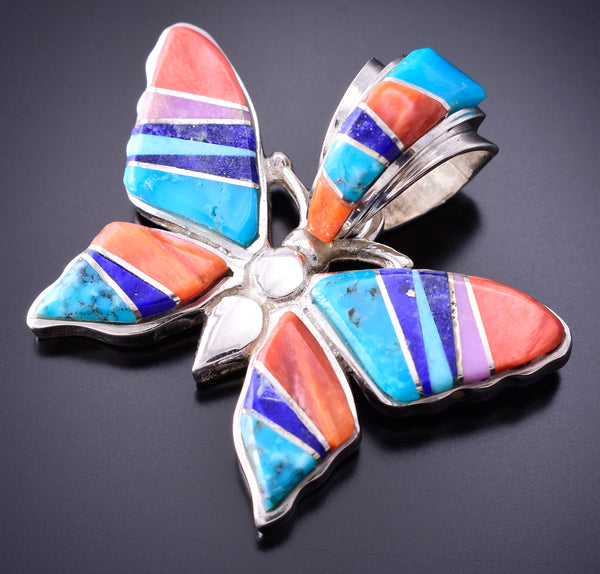 Silver & Turquoise Multistone Navajo Inlay Butterfly Pendant by TSF 3L08C