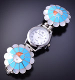 Silver & Turquoise Multistone Zuni Sunface Inlay Watch by Denise Siutza 4L07M