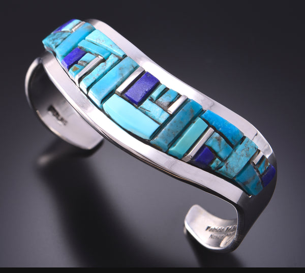 Silver & Turquoise & Lapis Navajo Inlay Bracelet by Patricia Ed Wallace 3F10P