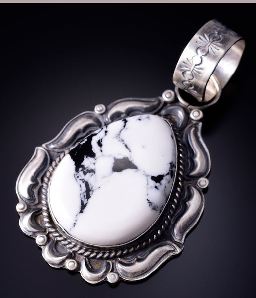 Silver & White Buffalo Turquoise Navajo Round Pendant by Tillie Jon 5L13D