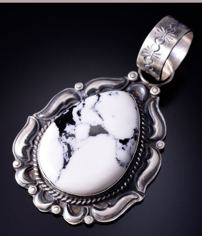 Silver & White Buffalo Turquoise Navajo Round Pendant by Tillie Jon 5L13D