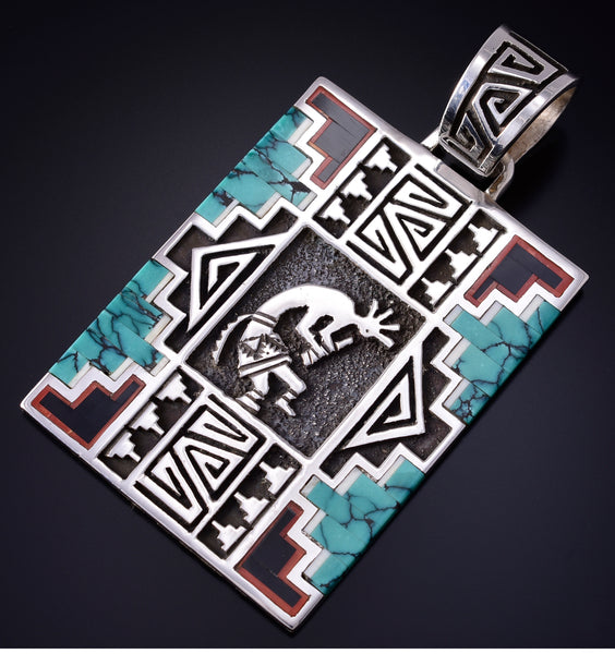 Vintage Silver Multistone Navajo Inlay Kokopelli Pendant - Abraham Begay 5J29U