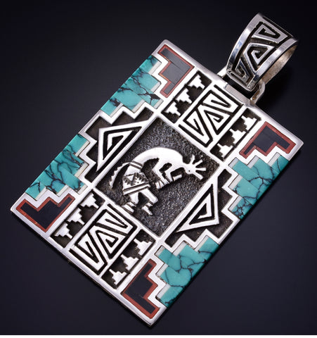 Vintage Silver Multistone Navajo Inlay Kokopelli Pendant - Abraham Begay 5J29U