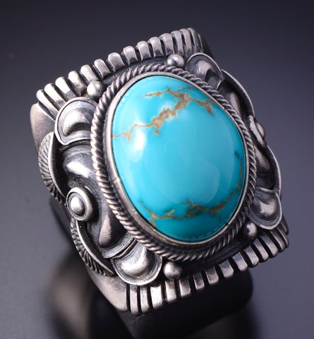 Size 9-3/4 Silver & Turquoise Navajo Handmade Mens Ring by Derrick Gordon 4J30U