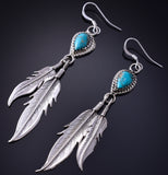Silver & Turquoise Navajo Handmade Eagle Feather Earrings Sharon McCarthy 5G16S