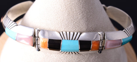 Vintage Silver Multistone Navajo Inlay Curve Link Bracelet Chester Benally 5L13J