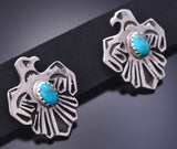 Silver & Turquoise Navajo Handmade Eagles Earrings by Kenny Lonjose 3J16V