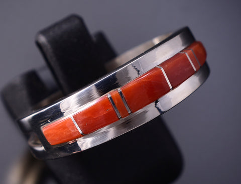 Size 9-1/2 Silver & Coral Navajo Inlay Ring by Wilbert Muskett Jr. 6D09P