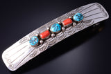 Silver & Turquoise w/ Coral Navajo Handmade Barrette by Joann Silver 6B14S