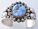 Silver & Golden Hills Turquoise & Fresh Pearl Navajo Bracelet by Erick Begay 3H19N