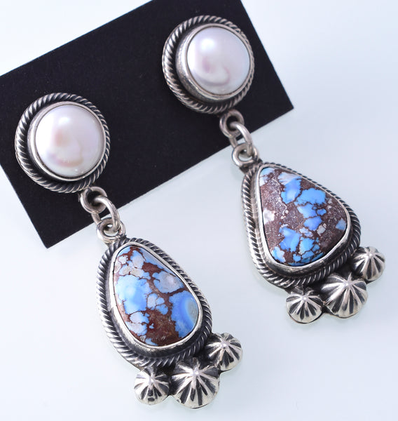 Silver & Golden Hills Turquoise & Fresh Water Pearl Navajo Earrings by Erick Begay 3H20G