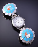 Silver & Turquoise Multistone Zuni Sunface Inlay Watch by Denise Siutza 4L07M