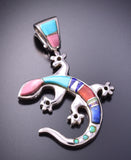 Silver & Turquoise Multistone Navajo Inlay Roaming Lizard Pendant by Aldora Henry 3F12P